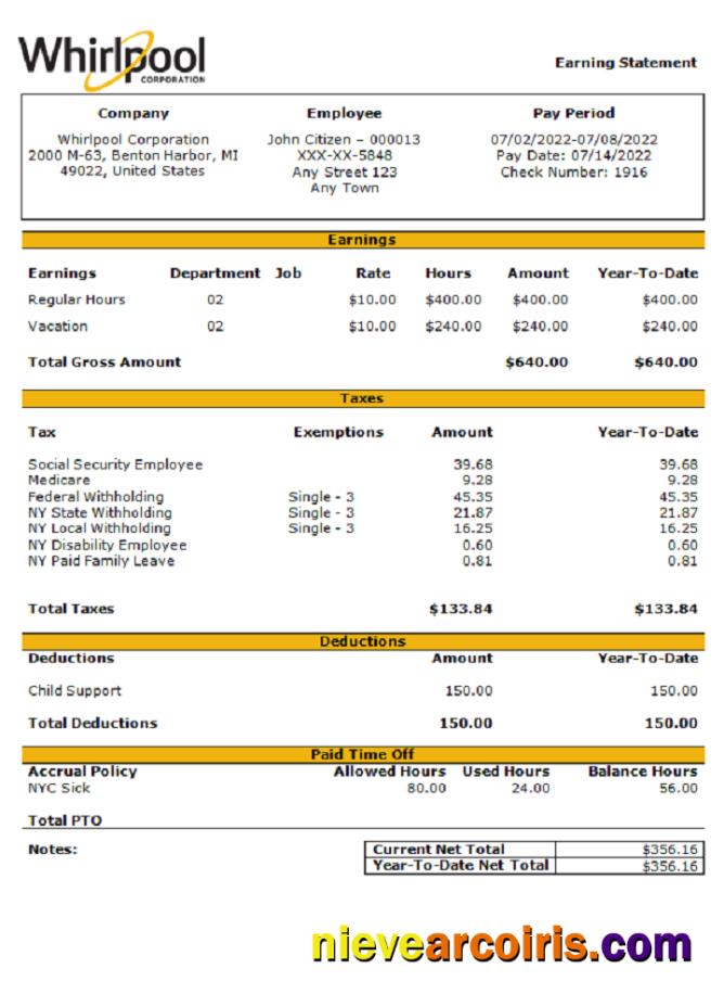USA Whirlpool Corporation commercial company pay stub